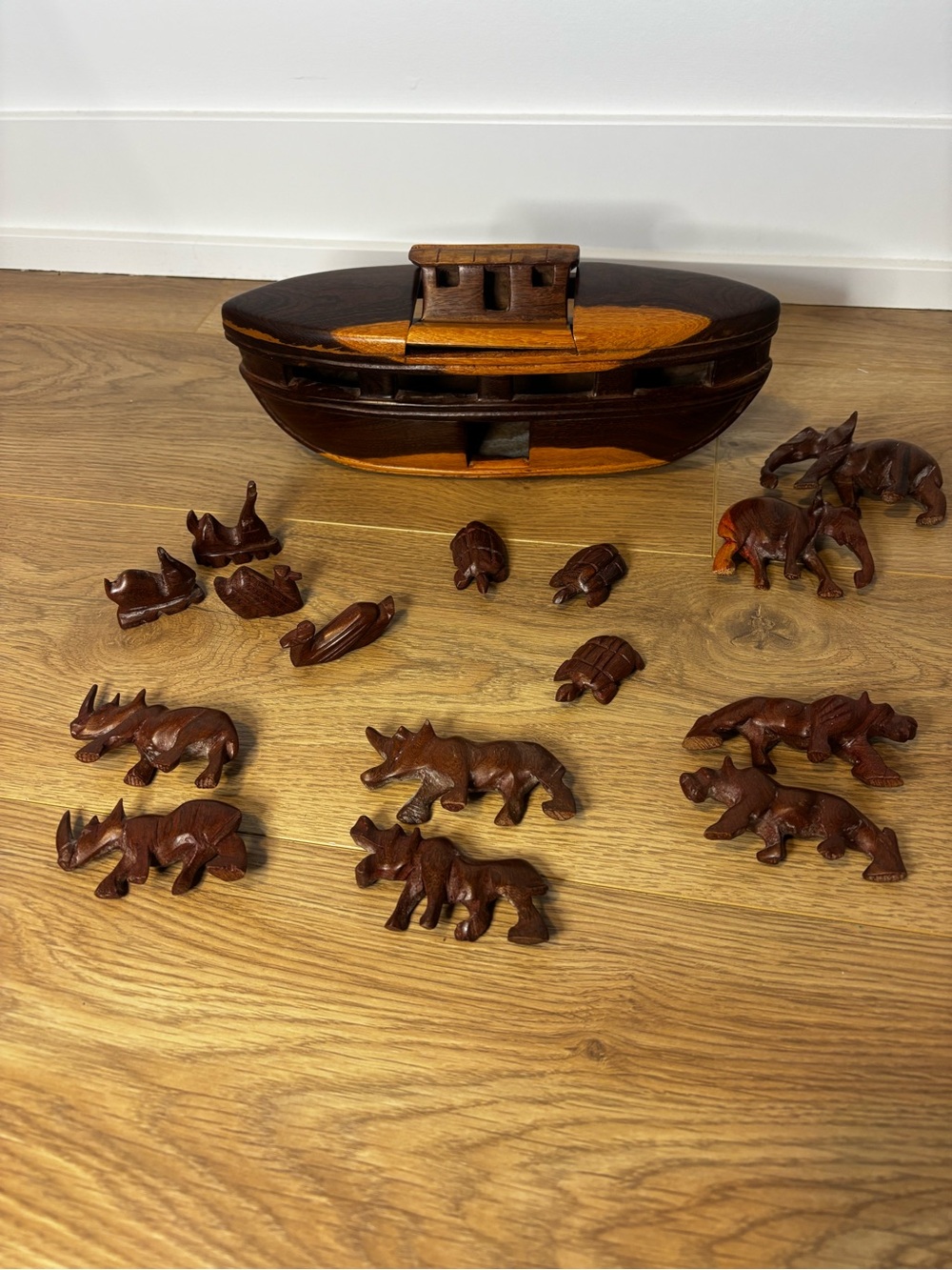 Vintage Hand-Carved Wooden Noah’s Ark with Safari Animal Figurines